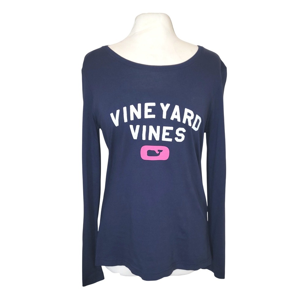 Vineyard Vines Navy Blue Whale Nautical Preppy Scoop Neck Long Sleeve Shirt S - Picture 2 of 8